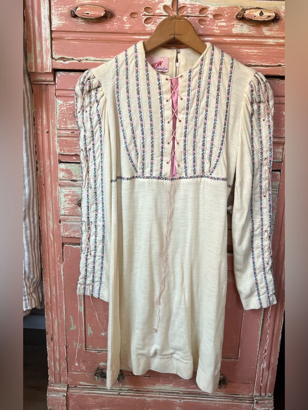 Vintage 60s Cottagecore Prairie Boho Corset Lace Up Gunne Sax Style Mini Dress S